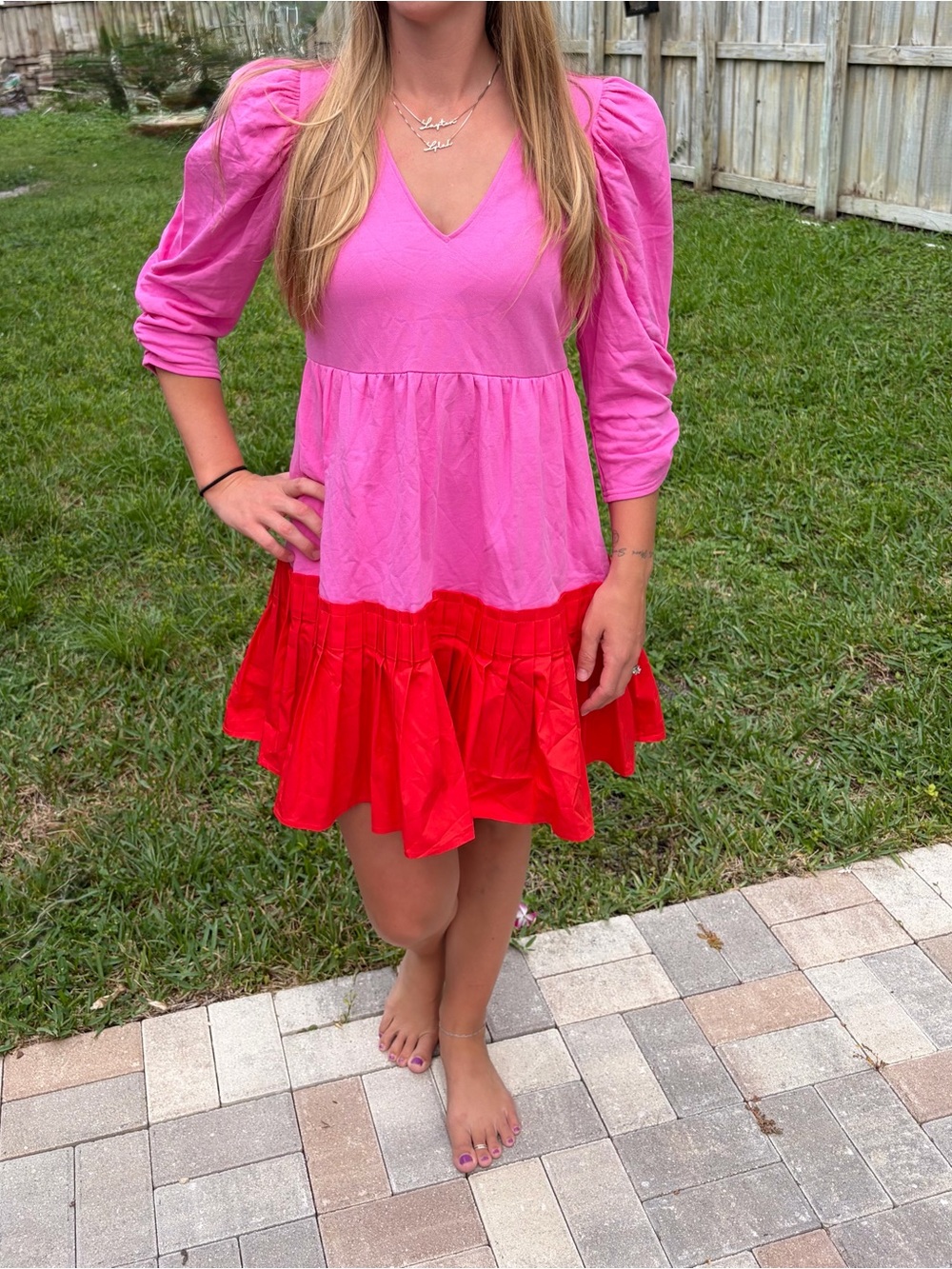 CROSBY by Mollie Burch Pink and Red Tiered V-Neck Long Sleeve Dress